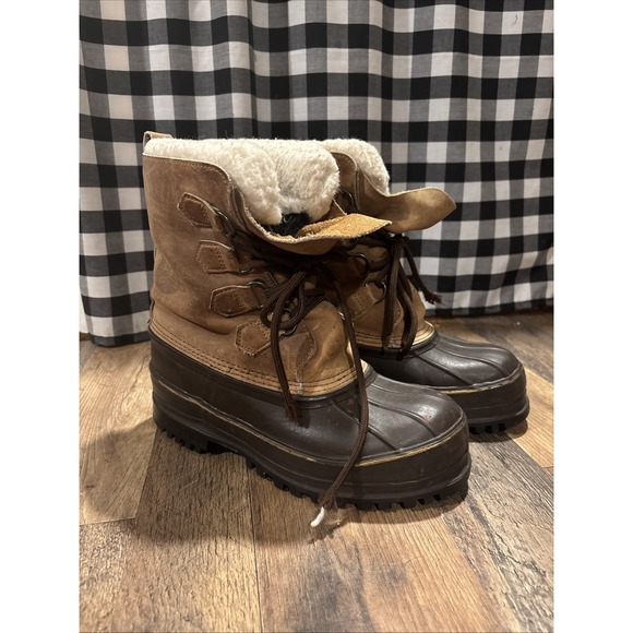 Eddie Bauer Boots Mens 7 Leather Work Tan Brown Fuzz Lined Duck Boots - Picture 1 of 12